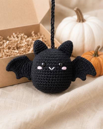 Spooky-Cute Crochet Black Bat Car Charm | Handmade Amigurumi Halloween Rearview Mirror Accessory
