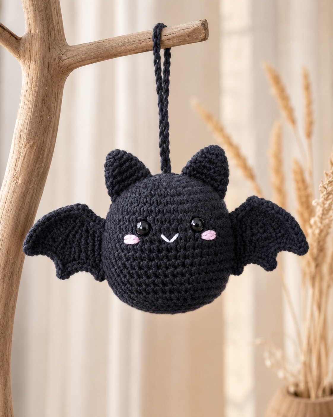 Spooky-Cute Crochet Black Bat Car Charm | Handmade Amigurumi Halloween Rearview Mirror Accessory