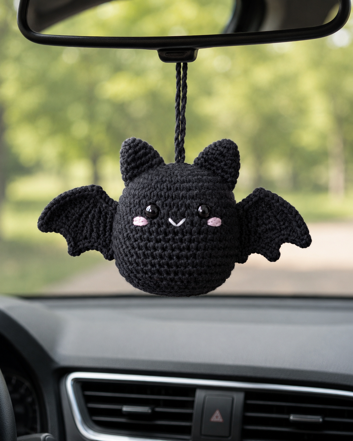 Spooky-Cute Crochet Black Bat Car Charm | Handmade Amigurumi Halloween Rearview Mirror Accessory