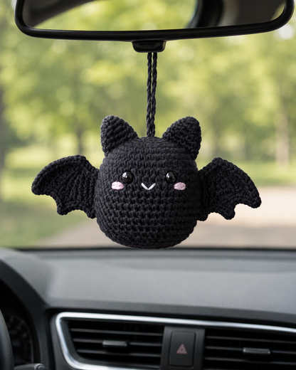 Spooky-Cute Crochet Black Bat Car Charm | Handmade Amigurumi Halloween Rearview Mirror Accessory