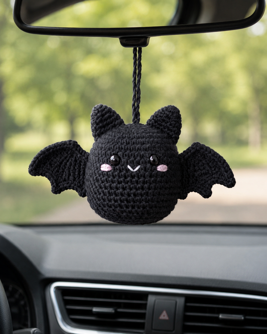 Spooky-Cute Crochet Black Bat Car Charm | Handmade Amigurumi Halloween Rearview Mirror Accessory