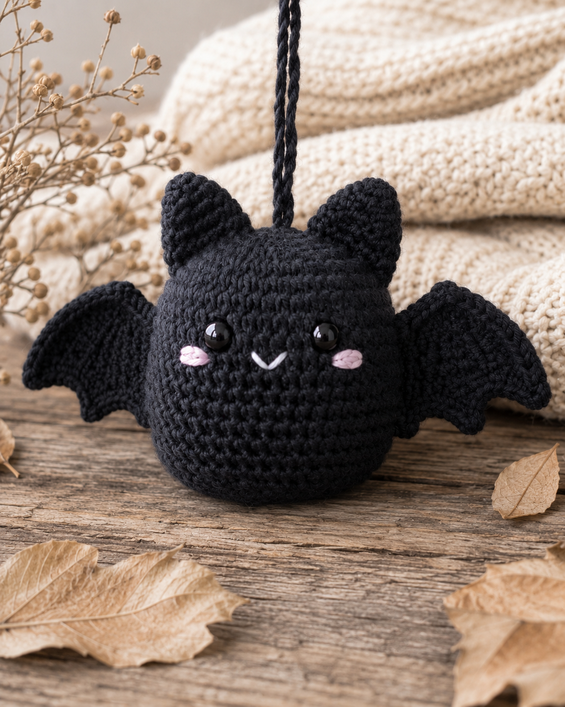 Spooky-Cute Crochet Black Bat Car Charm | Handmade Amigurumi Halloween Rearview Mirror Accessory