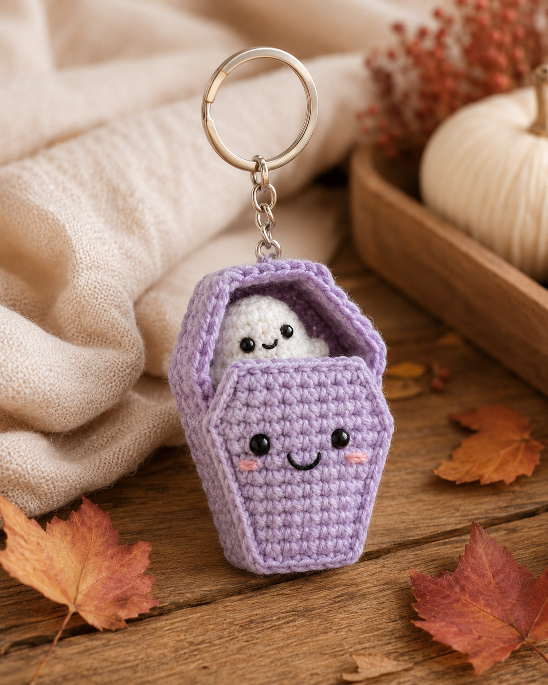 Spooky-Cute Crochet Ghost in Coffin Keychain | Handmade Amigurumi Halloween Bag Charm