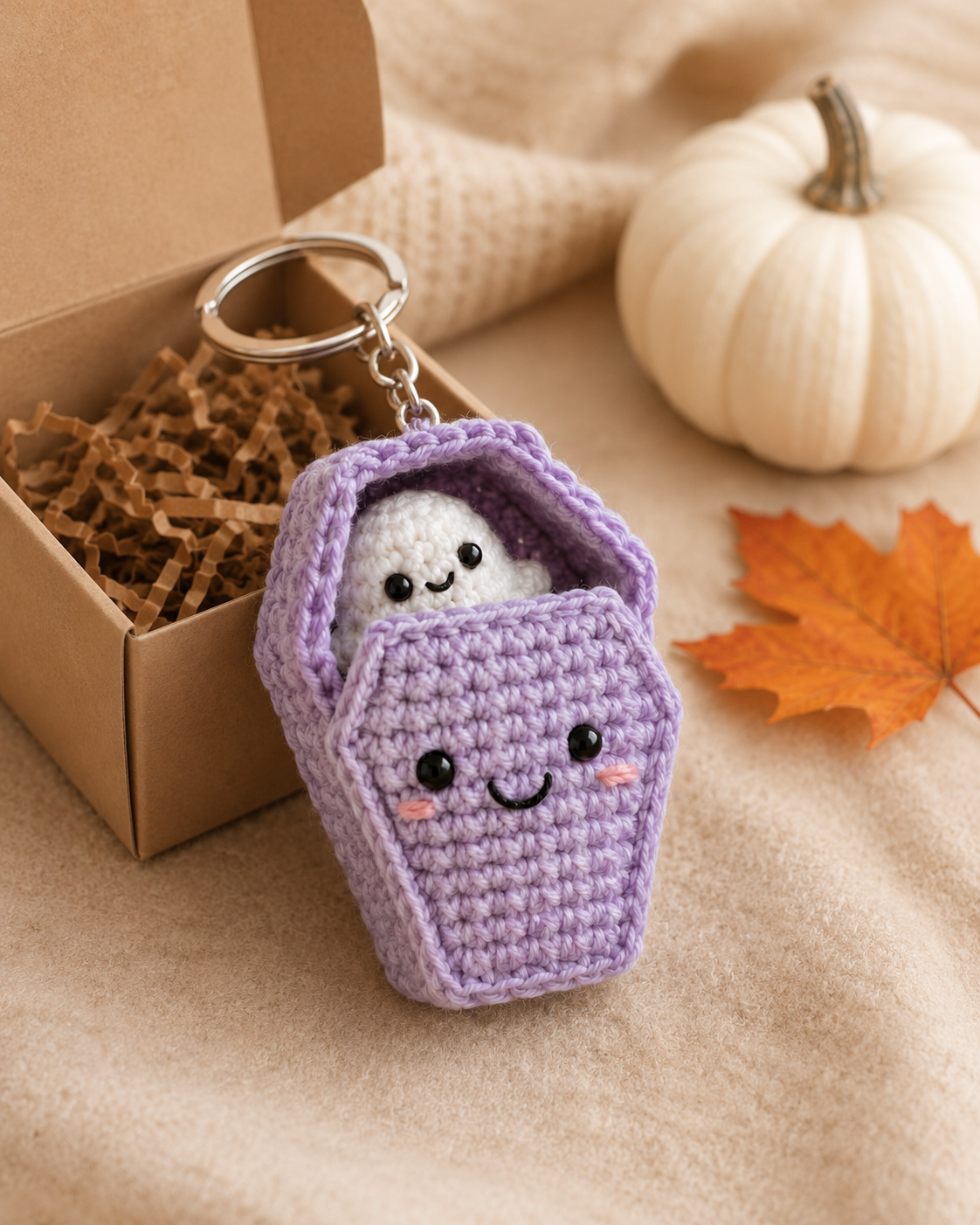 Spooky-Cute Crochet Ghost in Coffin Keychain | Handmade Amigurumi Halloween Bag Charm