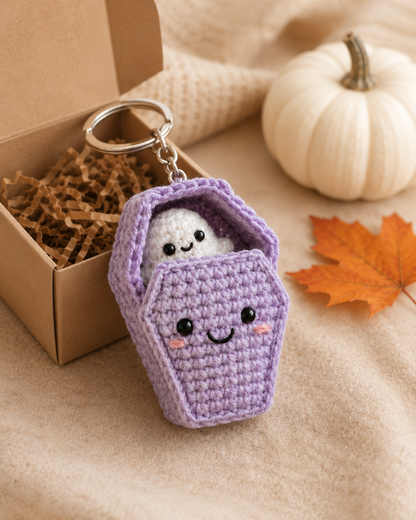 Spooky-Cute Crochet Ghost in Coffin Keychain | Handmade Amigurumi Halloween Bag Charm