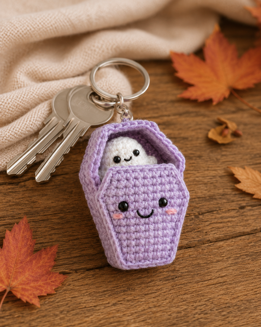 Spooky-Cute Crochet Ghost in Coffin Keychain | Handmade Amigurumi Halloween Bag Charm