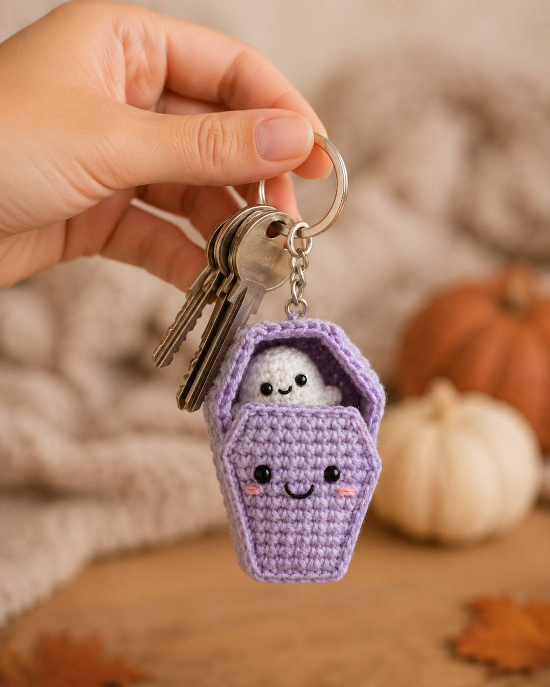 Spooky-Cute Crochet Ghost in Coffin Keychain | Handmade Amigurumi Halloween Bag Charm