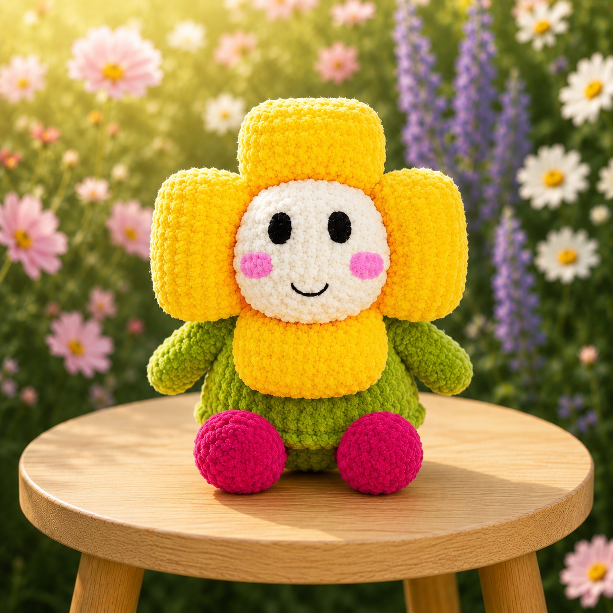 Fluffy Crochet Smiling Flower Plushie | Velvet Amigurumi Daisy Stuffed Toy