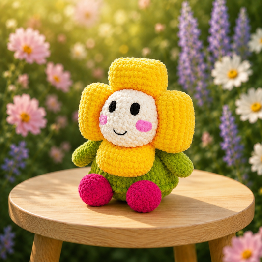 Fluffy Crochet Smiling Flower Plushie | Velvet Amigurumi Daisy Stuffed Toy