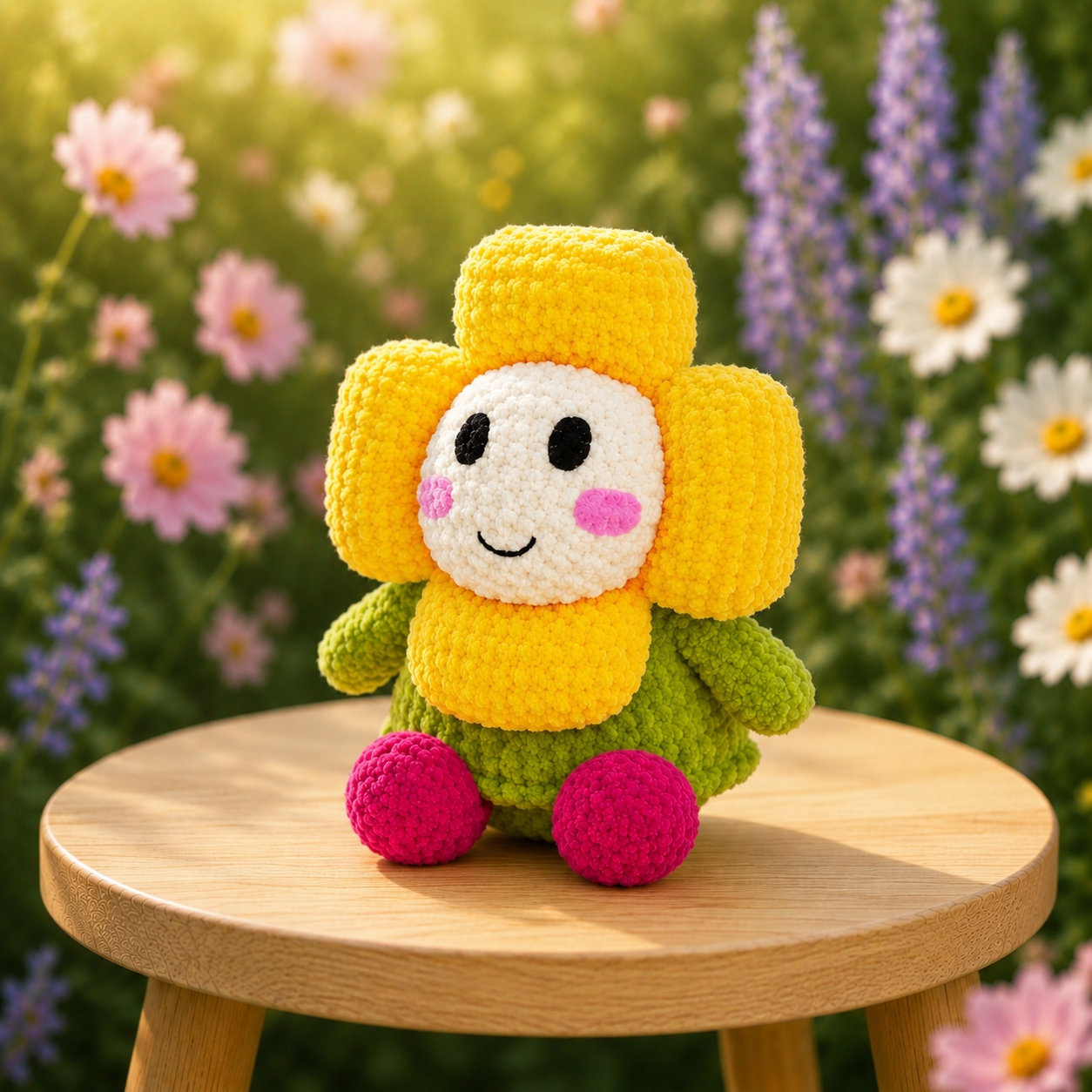 Fluffy Crochet Smiling Flower Plushie | Velvet Amigurumi Daisy Stuffed Toy