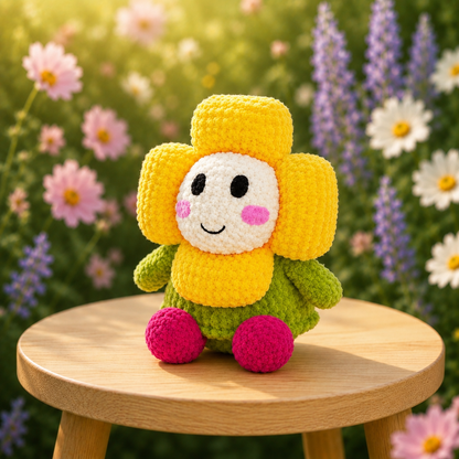 Fluffy Crochet Smiling Flower Plushie | Velvet Amigurumi Daisy Stuffed Toy