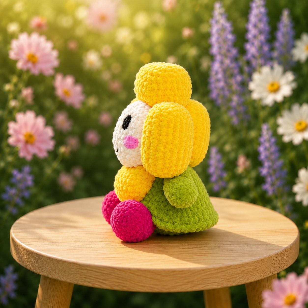 Fluffy Crochet Smiling Flower Plushie | Velvet Amigurumi Daisy Stuffed Toy