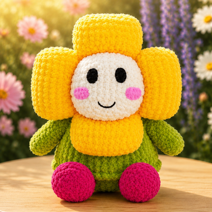 Fluffy Crochet Smiling Flower Plushie | Velvet Amigurumi Daisy Stuffed Toy