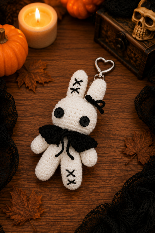 Spooky-Cute Crochet Voodoo Bunny Keychain | Handmade Amigurumi Halloween Bag Charm