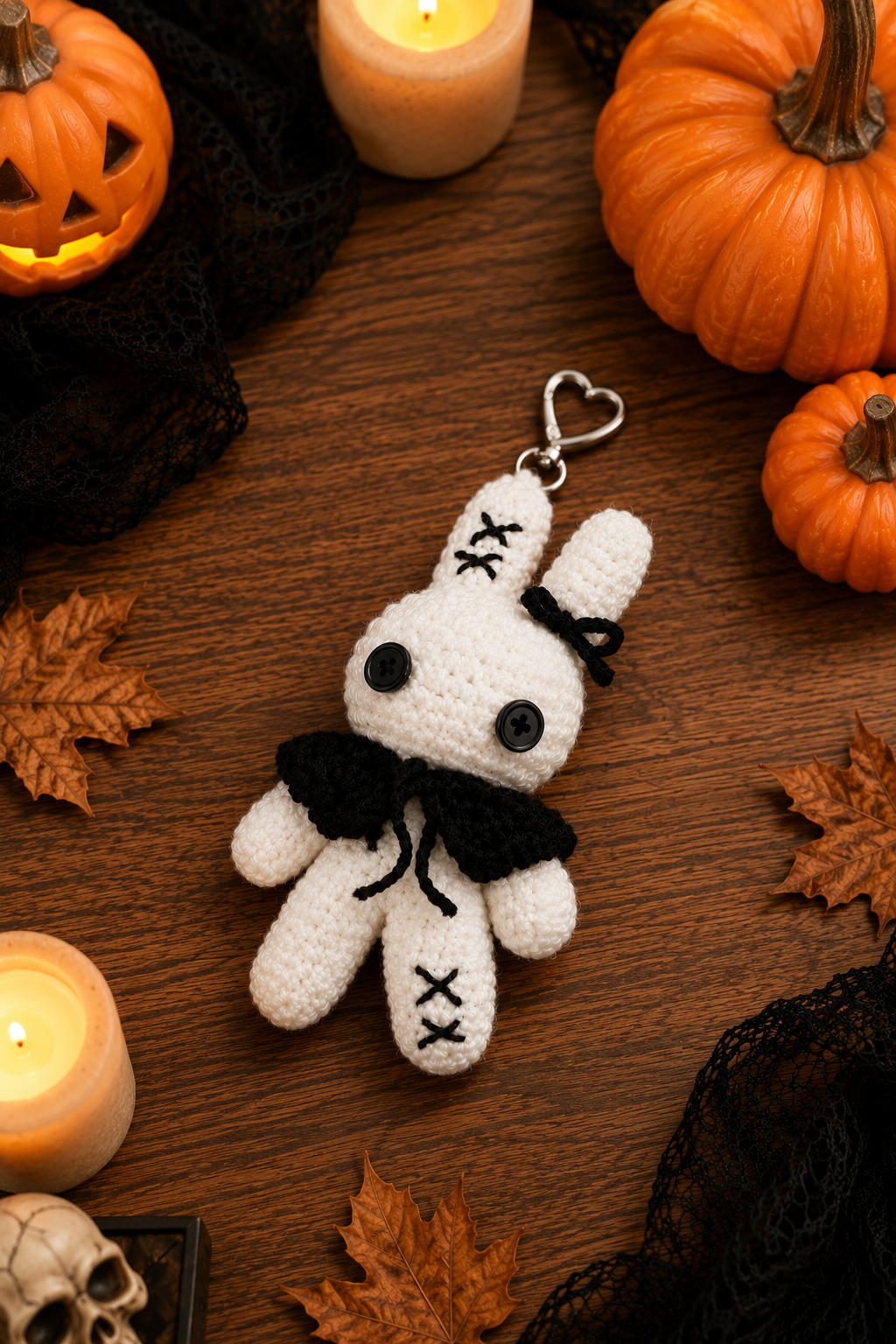 Spooky-Cute Crochet Voodoo Bunny Keychain | Handmade Amigurumi Halloween Bag Charm