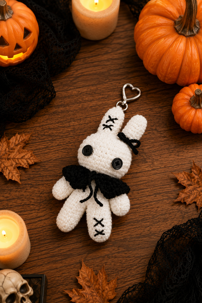 Spooky-Cute Crochet Voodoo Bunny Keychain | Handmade Amigurumi Halloween Bag Charm