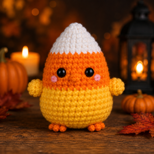 Spooky-Cute Crochet Candy Corn Chick Plushie | Handmade Amigurumi Halloween Stuffed Toy