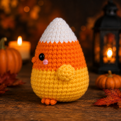 Spooky-Cute Crochet Candy Corn Chick Plushie | Handmade Amigurumi Halloween Stuffed Toy