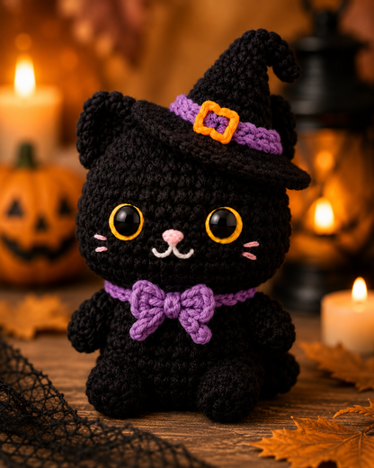 Spooky-Cute Crochet Witch Cat Plushie | Handmade Amigurumi Halloween Stuffed Animal