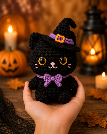 Spooky-Cute Crochet Witch Cat Plushie | Handmade Amigurumi Halloween Stuffed Animal
