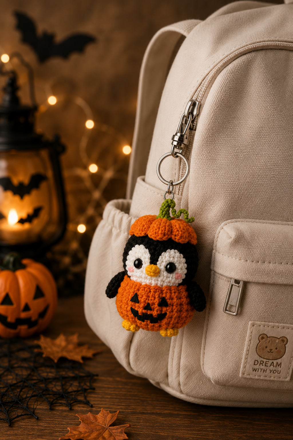 Spooky-Cute Crochet Pumpkin Penguin Keychain | Handmade Amigurumi Halloween Bag Charm