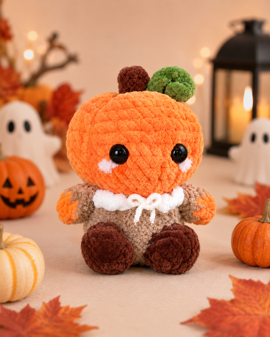 Fluffy Crochet Pumpkin Person Plushie | Velvet Amigurumi Autumn Stuffed Toy