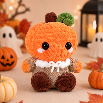 Fluffy Crochet Pumpkin Person Plushie | Velvet Amigurumi Autumn Stuffed Toy