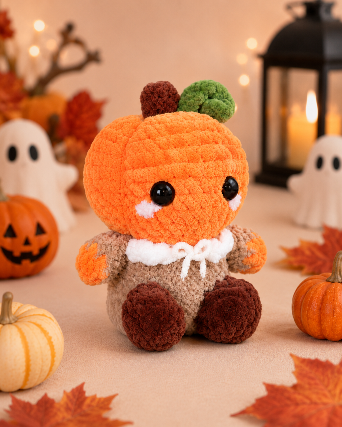 Fluffy Crochet Pumpkin Person Plushie | Velvet Amigurumi Autumn Stuffed Toy