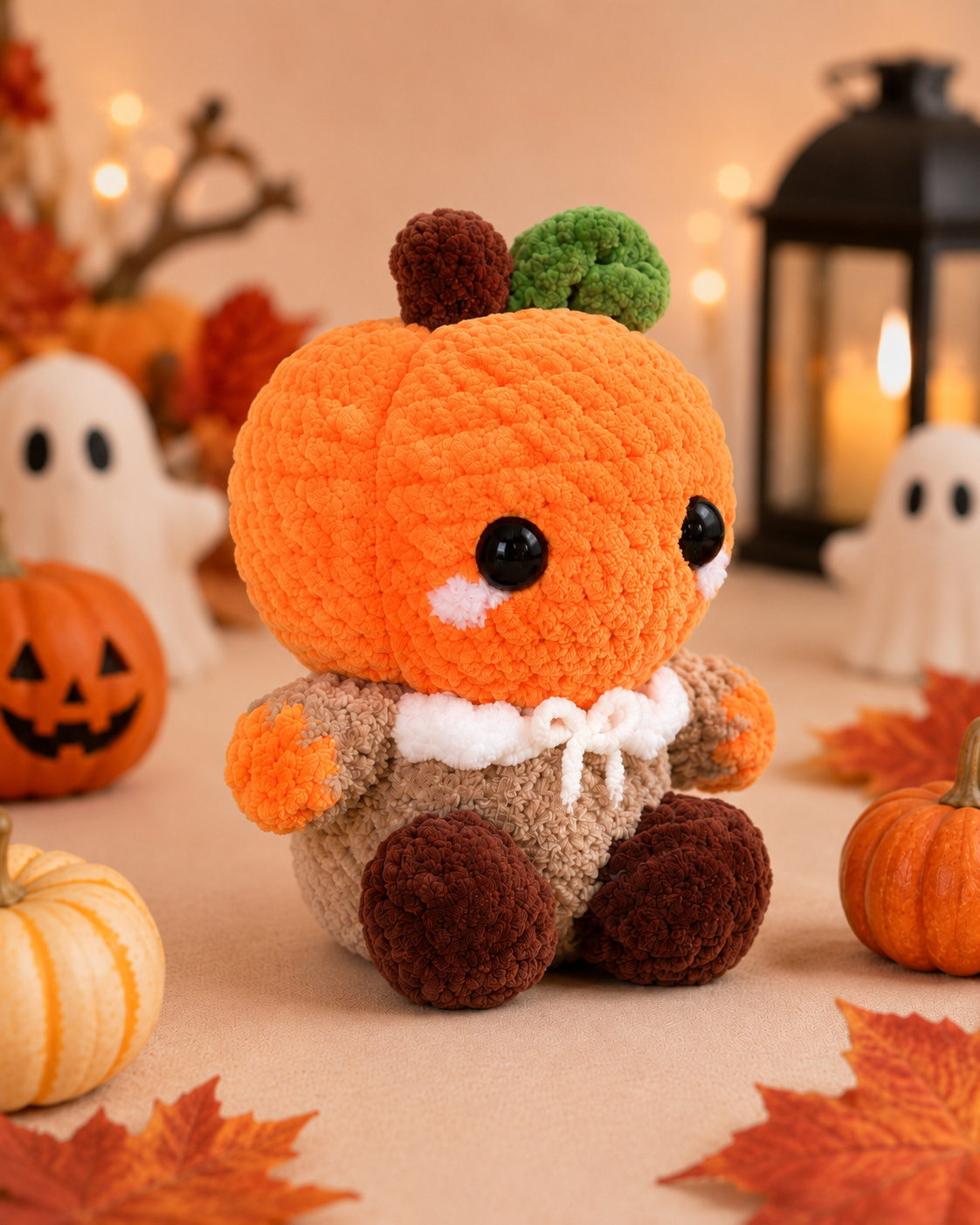 Fluffy Crochet Pumpkin Person Plushie | Velvet Amigurumi Autumn Stuffed Toy