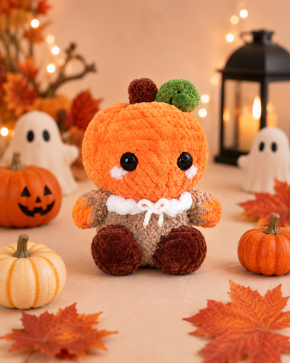 Fluffy Crochet Pumpkin Person Plushie | Velvet Amigurumi Autumn Stuffed Toy