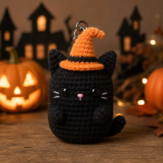Spooky-Cute Crochet Witch Cat Keychain | Handmade Amigurumi Halloween Bag Charm