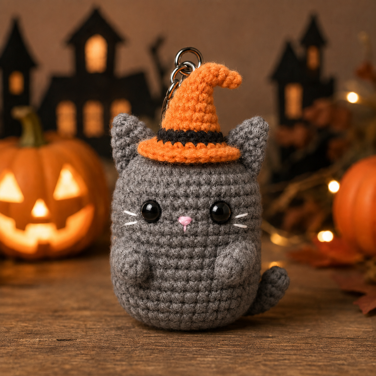 Spooky-Cute Crochet Witch Cat Keychain | Handmade Amigurumi Halloween Bag Charm