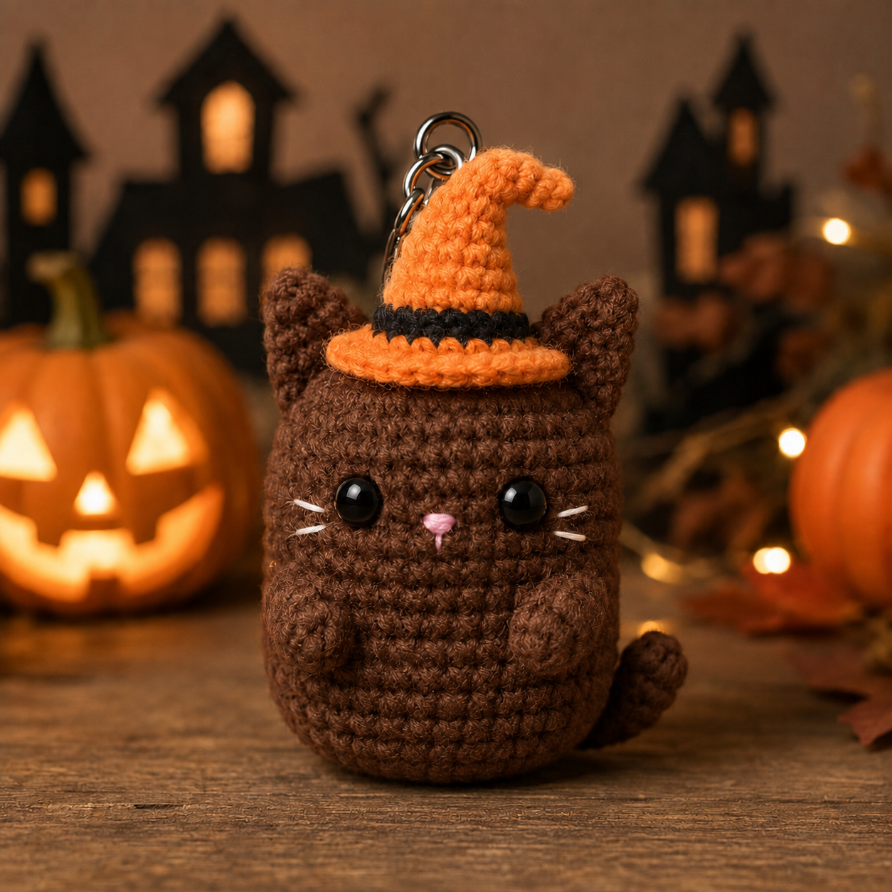 Spooky-Cute Crochet Witch Cat Keychain | Handmade Amigurumi Halloween Bag Charm
