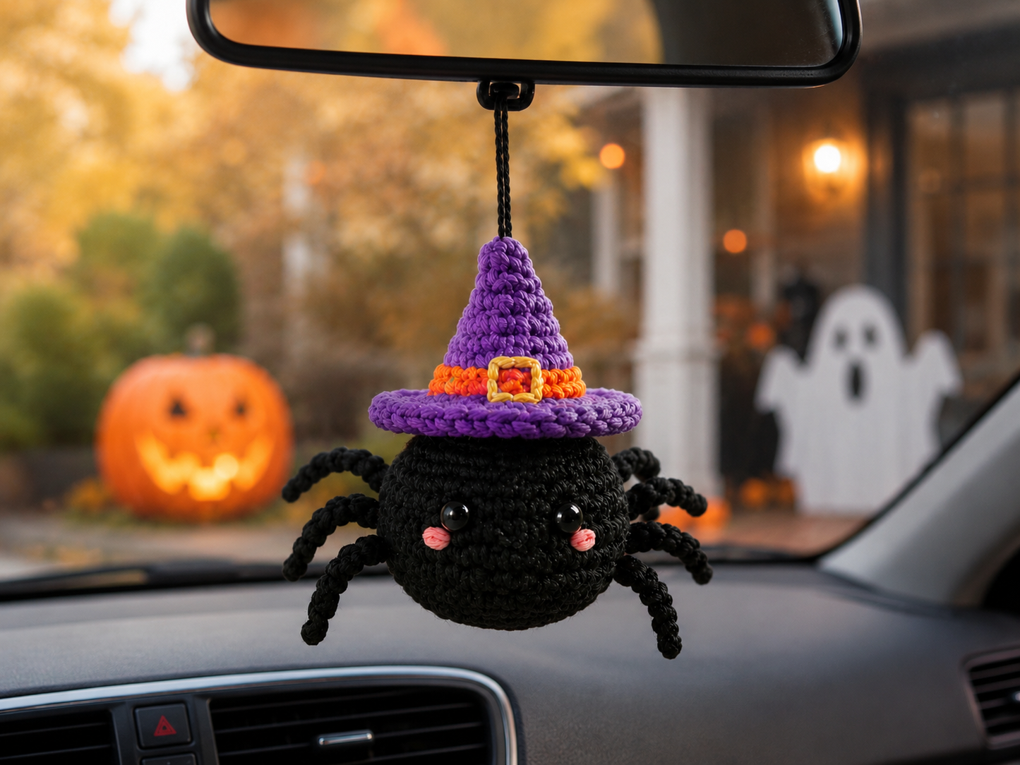 Spooky-Cute Crochet Spider Car Charm | Handmade Amigurumi Halloween Rearview Mirror Accessory
