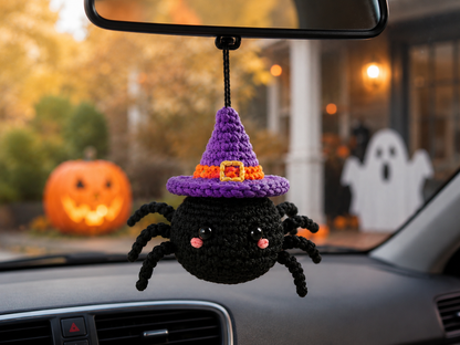 Spooky-Cute Crochet Spider Car Charm | Handmade Amigurumi Halloween Rearview Mirror Accessory