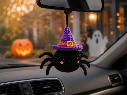 Spooky-Cute Crochet Spider Car Charm | Handmade Amigurumi Halloween Rearview Mirror Accessory