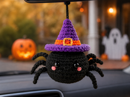 Spooky-Cute Crochet Spider Car Charm | Handmade Amigurumi Halloween Rearview Mirror Accessory