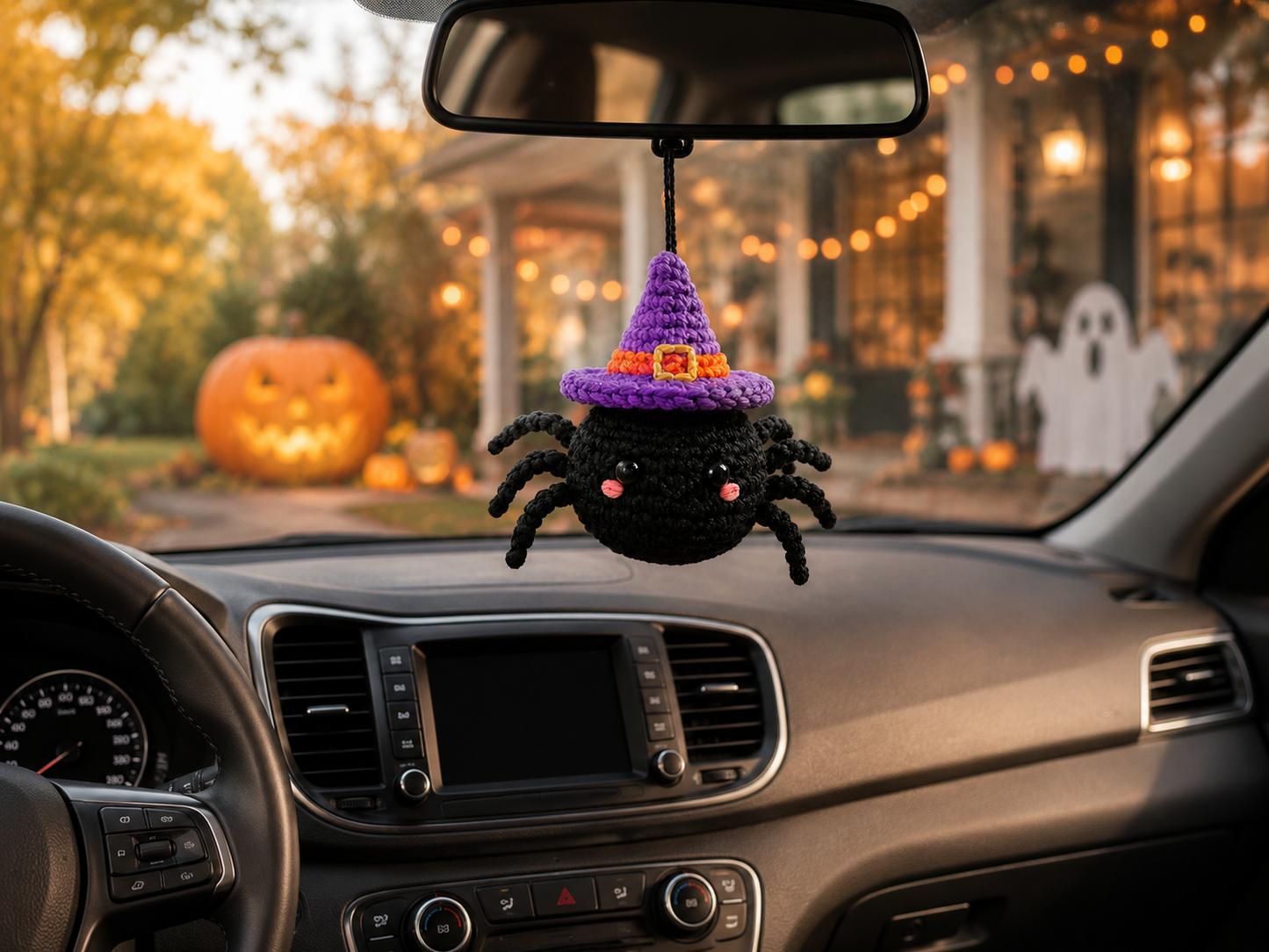 Spooky-Cute Crochet Spider Car Charm | Handmade Amigurumi Halloween Rearview Mirror Accessory