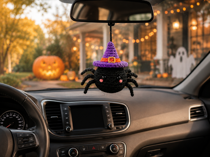 Spooky-Cute Crochet Spider Car Charm | Handmade Amigurumi Halloween Rearview Mirror Accessory