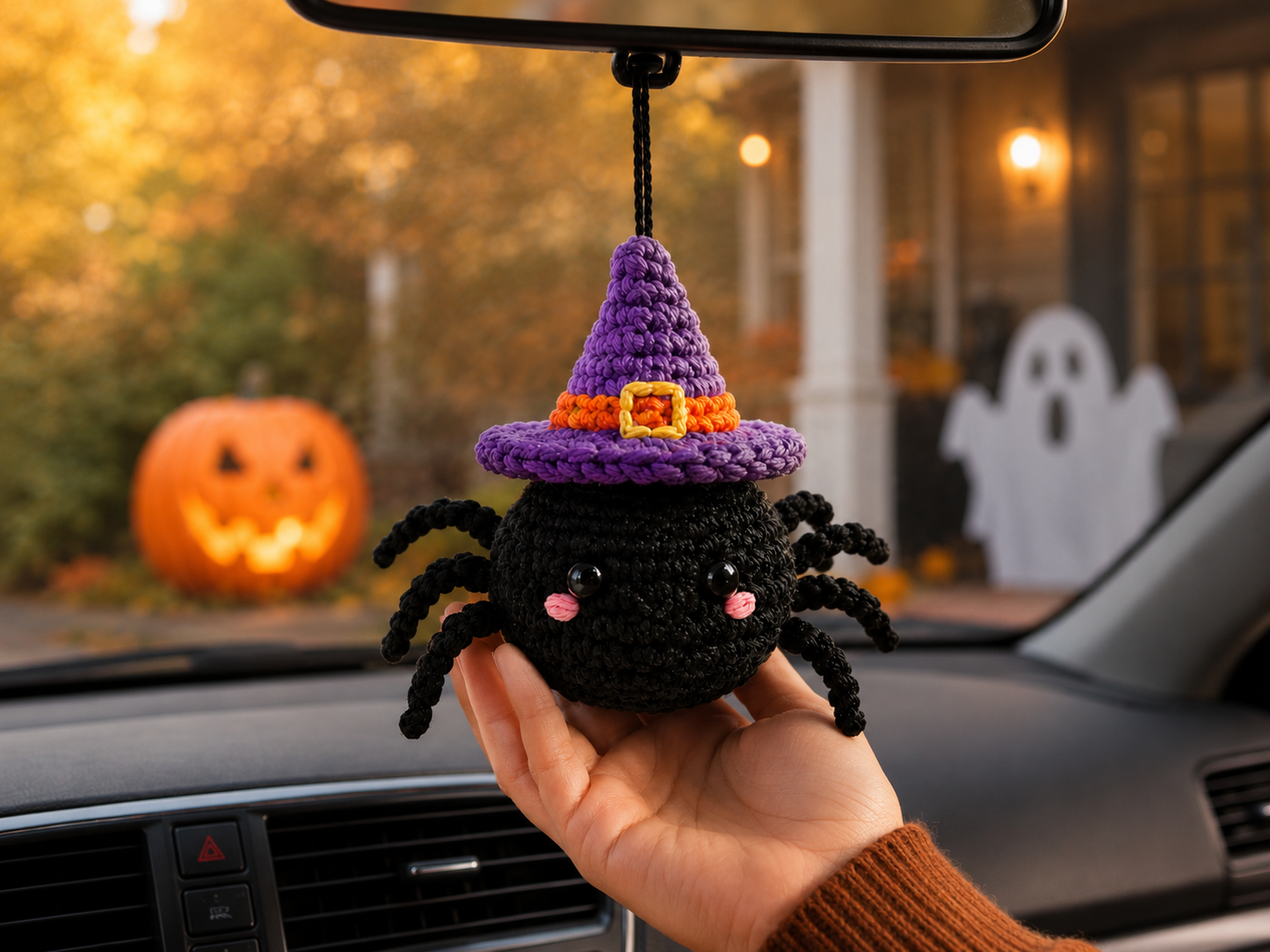 Spooky-Cute Crochet Spider Car Charm | Handmade Amigurumi Halloween Rearview Mirror Accessory