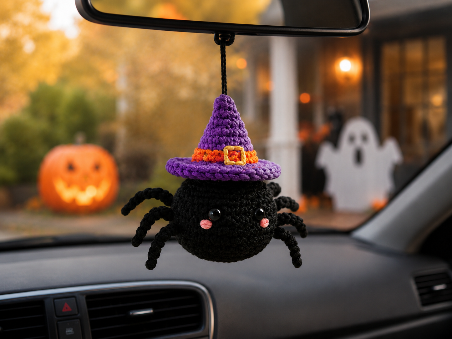Spooky-Cute Crochet Spider Car Charm | Handmade Amigurumi Halloween Rearview Mirror Accessory