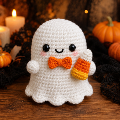 Spooky-Cute Crochet Ghost with Candy Corn Keychain | Handmade Amigurumi Halloween Bag Charm