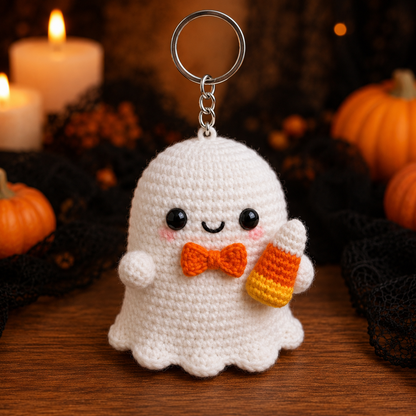 Spooky-Cute Crochet Ghost with Candy Corn Keychain | Handmade Amigurumi Halloween Bag Charm