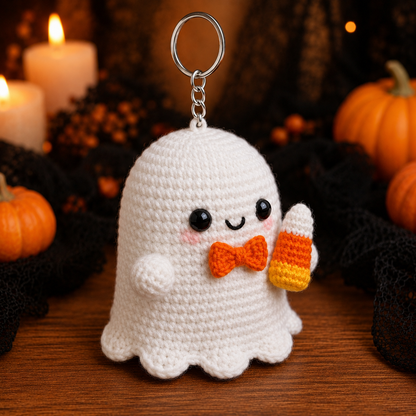 Spooky-Cute Crochet Ghost with Candy Corn Keychain | Handmade Amigurumi Halloween Bag Charm