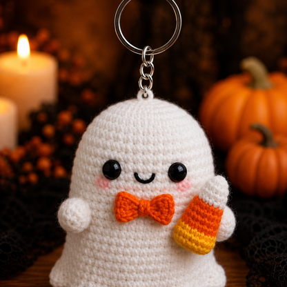 Spooky-Cute Crochet Ghost with Candy Corn Keychain | Handmade Amigurumi Halloween Bag Charm