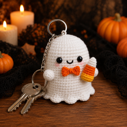 Spooky-Cute Crochet Ghost with Candy Corn Keychain | Handmade Amigurumi Halloween Bag Charm