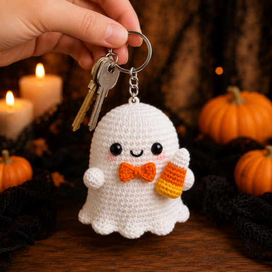 Spooky-Cute Crochet Ghost with Candy Corn Keychain | Handmade Amigurumi Halloween Bag Charm