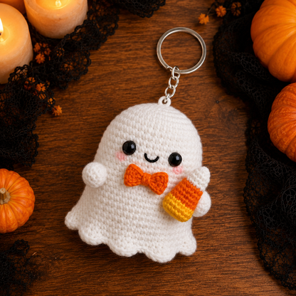 Spooky-Cute Crochet Ghost with Candy Corn Keychain | Handmade Amigurumi Halloween Bag Charm