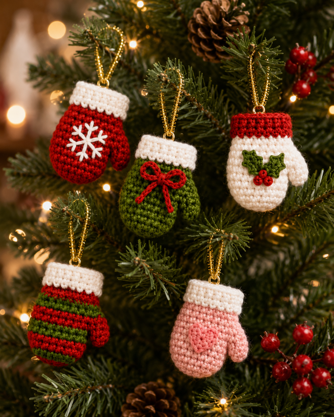Festive Crochet Christmas Mitten Ornaments Set | Handmade Amigurumi Holiday Tree Hanging Decorations