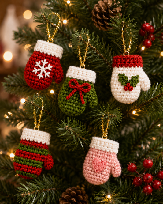Festive Crochet Christmas Mitten Ornaments Set | Handmade Amigurumi Holiday Tree Hanging Decorations